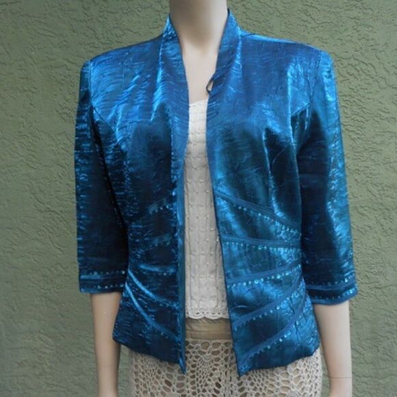 EUC KM COLLECTIONS by MILLA BELL Teal Shiny Jacket w/Sequins Size:8 - Picture 1 of 16
